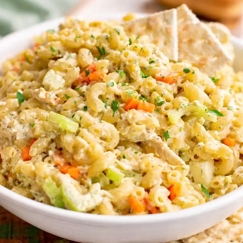 Delicious Chicken Macaroni Salad with chicken, veggies, and creamy dressing.