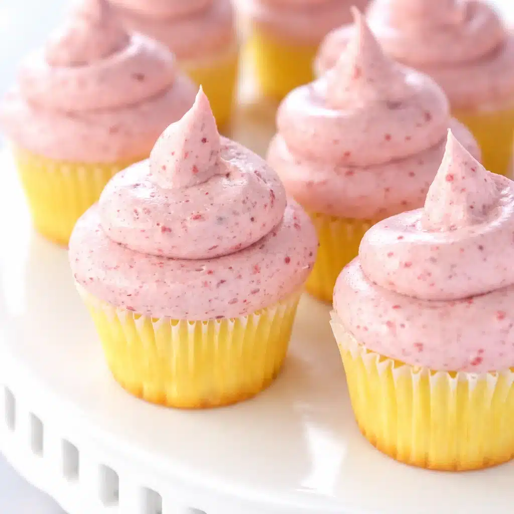 Thick and silky Strawberry Cream Cheese Frosting on a cupcake.