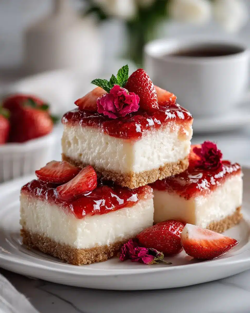 Strawberry rose cheesecake bars with a creamy filling and fresh strawberry toppings
