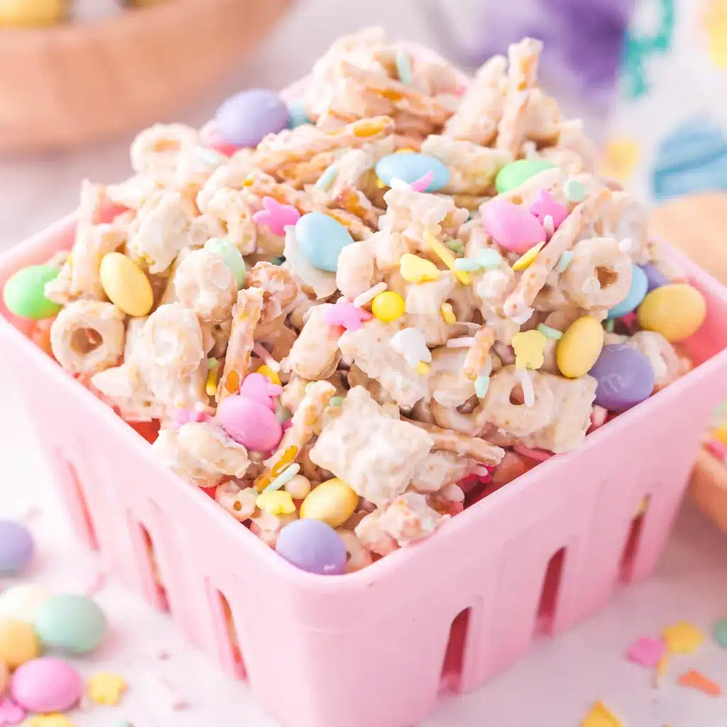 Bunny Bait Easter Snack Mix with cereal, pretzels, M&Ms, and white chocolate.