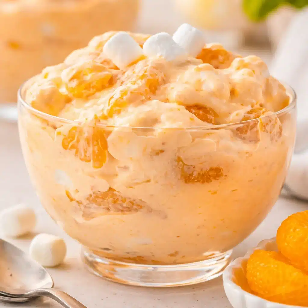 A bowl of Orange Fluff dessert featuring whipped topping, mandarin oranges, and Jello.