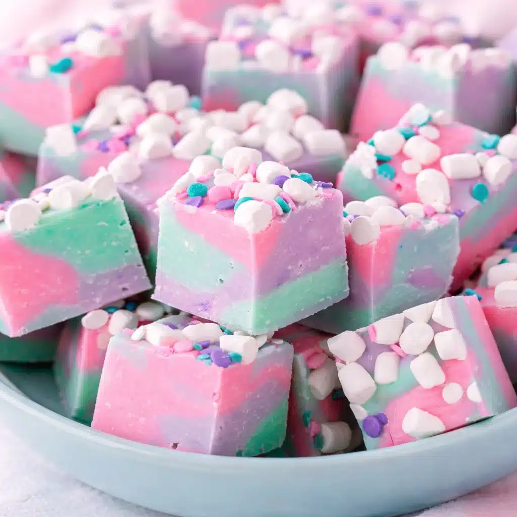 Colorful Unicorn Fudge made with white chocolate and vibrant sprinkles.