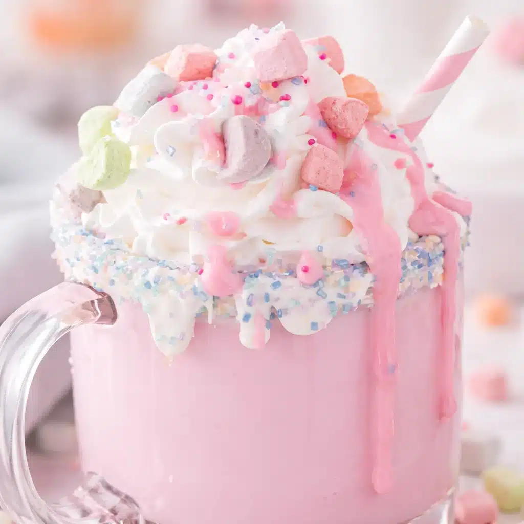A cup of Unicorn Hot Chocolate topped with whipped cream and rainbow sprinkles.
