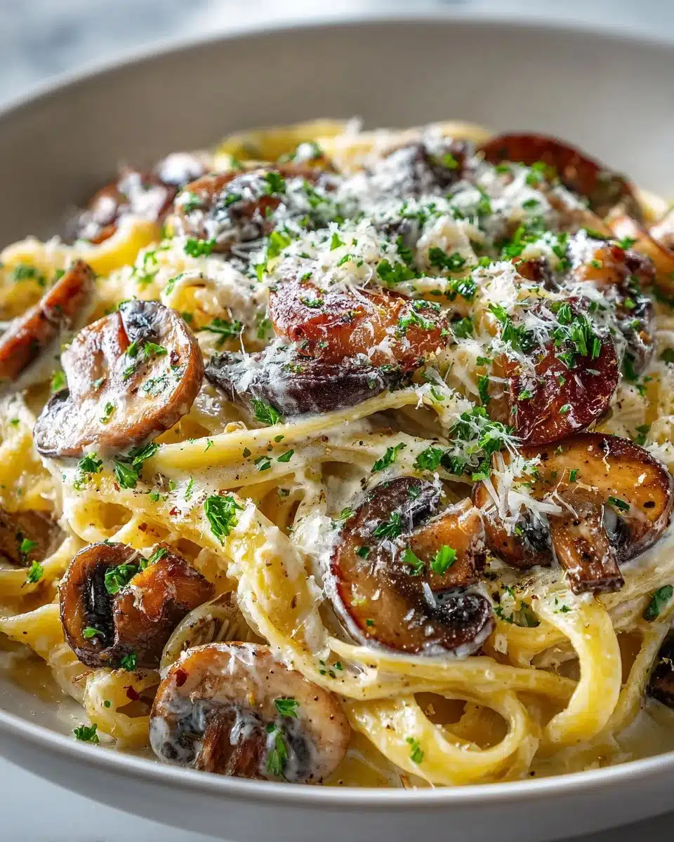 A plate of Wild Mushroom and Truffle Fettuccine garnished with fresh herbs.