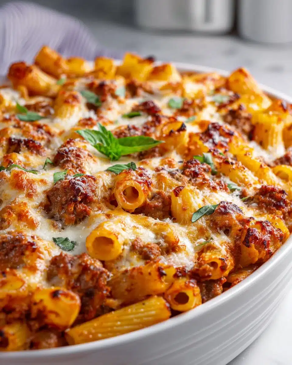 Delicious baked ziti with ricotta cheese and sausage topped with marinara sauce