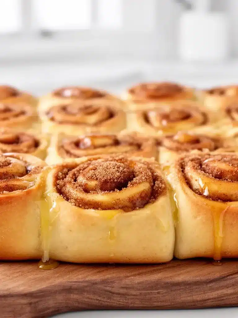 Delicious Biscuit Cinnamon Rolls fresh out of the oven, drizzled with icing.