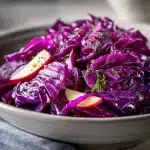 Bowl of braised German red cabbage with apples, beautifully plated.