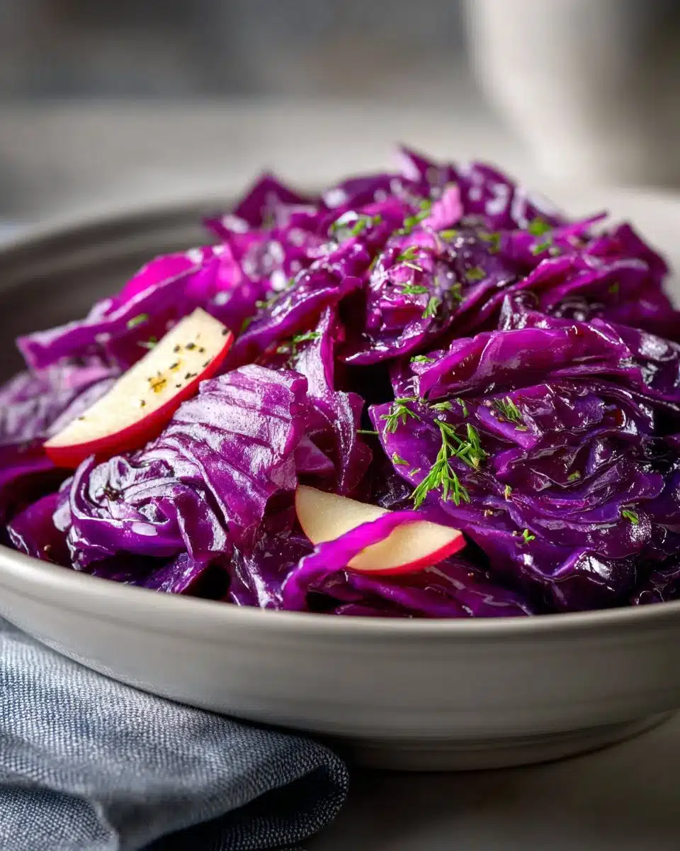 Bowl of braised German red cabbage with apples, beautifully plated.
