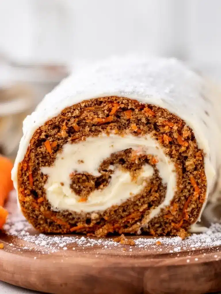 Delicious carrot cake roll garnished with cream cheese frosting and nuts