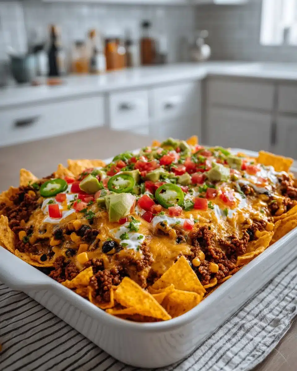 Cheesy taco casserole topped with Doritos, ready to serve in a baking dish.