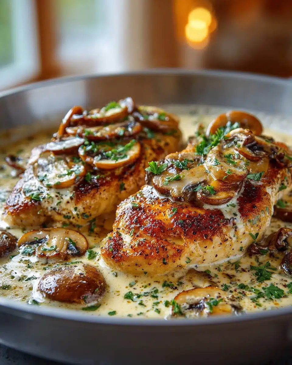 Chicken and Mushroom Skillet with Creamy Asiago and Mustard Sauce