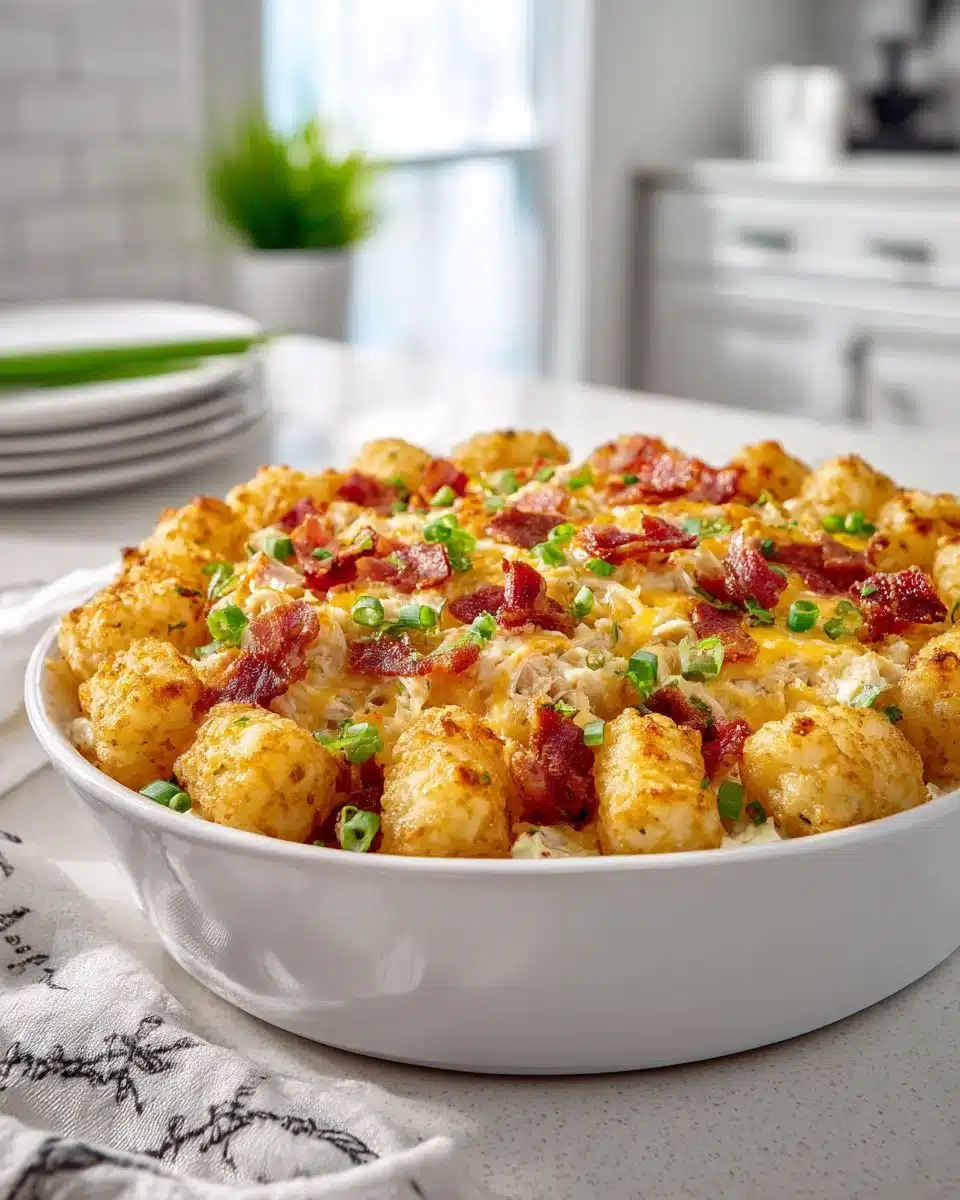 Chicken Bacon Ranch Tater Tot Casserole served in a dish, topped with crispy tater tots.