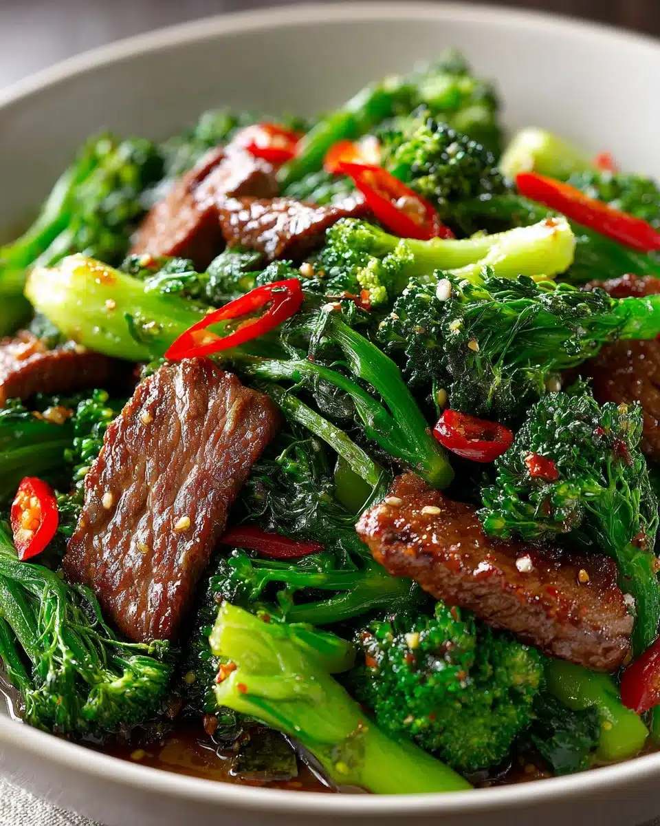 Plate of Chinese Beef and Broccoli with tender beef and fresh broccoli in sauce