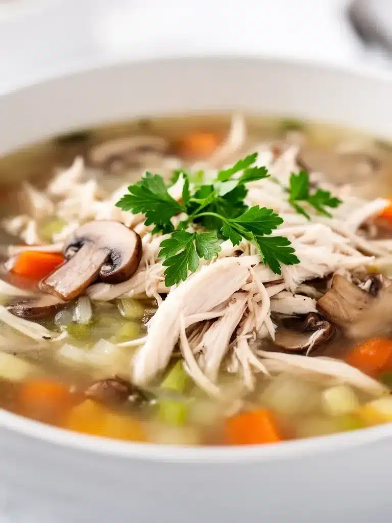 Bowl of comforting rotisserie chicken and mushroom soup topped with herbs.