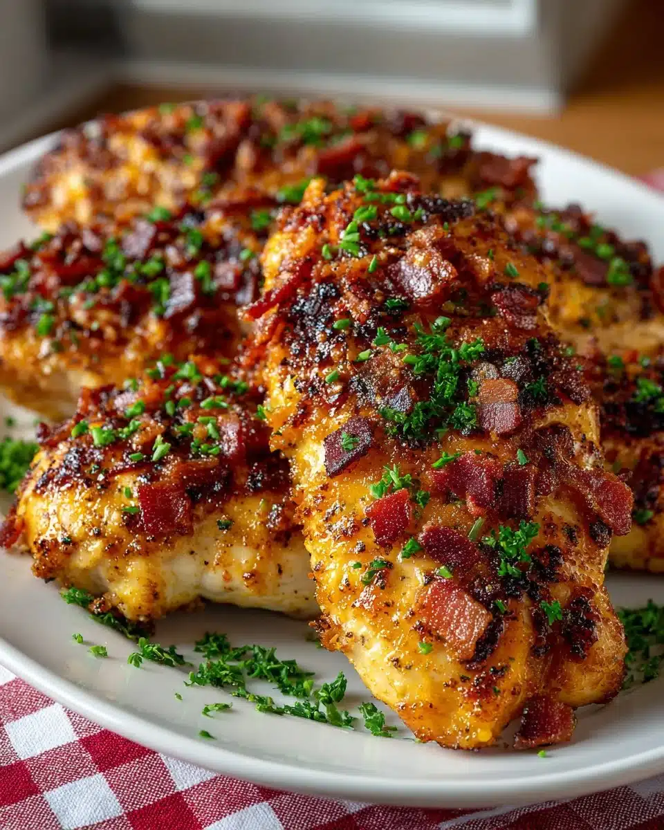 Delicious BBQ Bacon Cheddar Chicken topped with crispy bacon and melted cheddar cheese