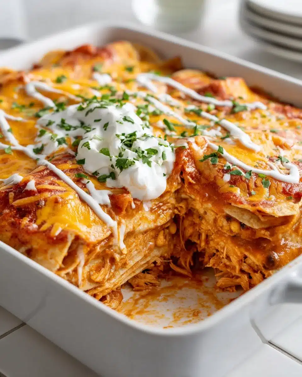 Creamy chicken enchilada casserole topped with melted cheese and fresh cilantro