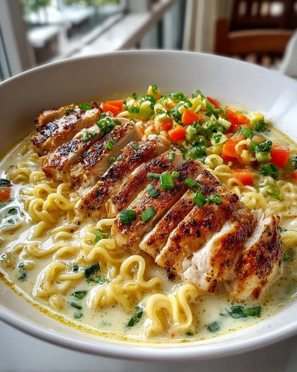 Creamy garlic chicken ramen bowl with fresh ingredients and broth.