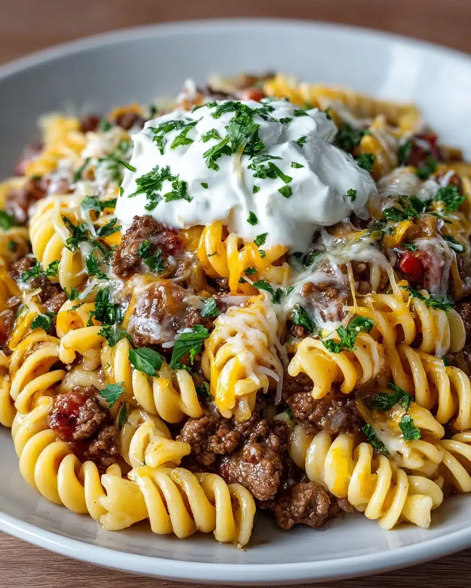 Creamy high protein beef pasta served in a bowl with fresh herbs