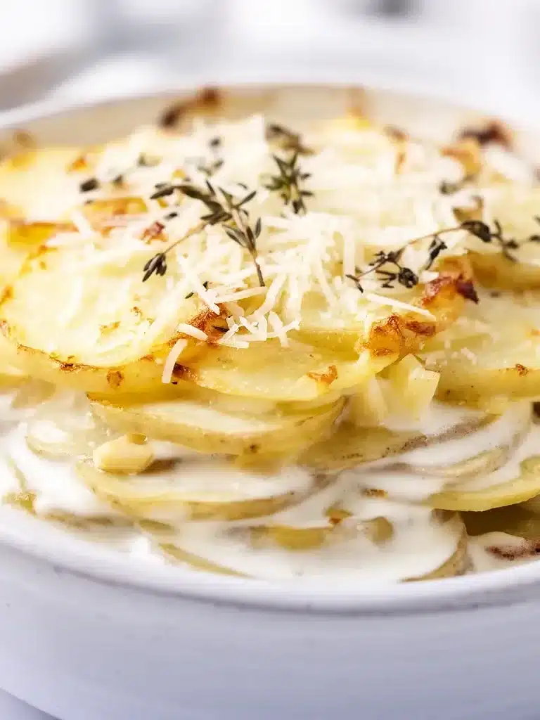 Delicious creamy scalloped potatoes topped with melted cheese and herbs