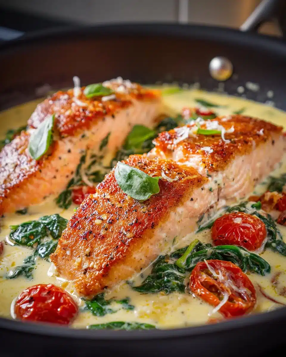 Creamy Tuscan salmon skillet served with fresh herbs and vegetables