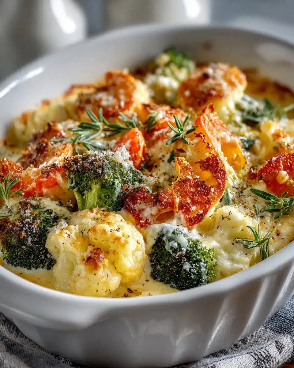 Creamy winter vegetable casserole baked with fresh seasonal veggies
