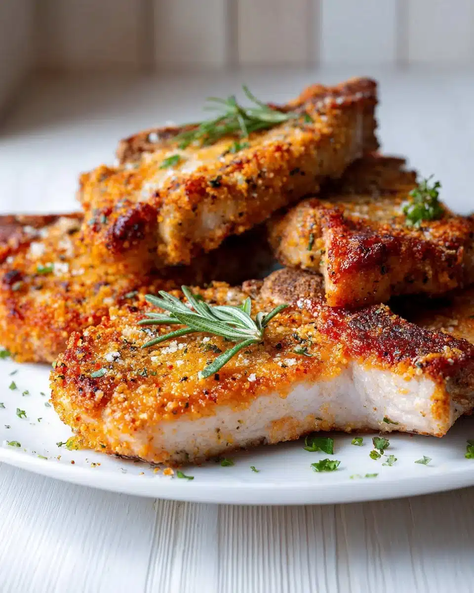Crispy oven baked pork chops garnished with herbs ready to serve