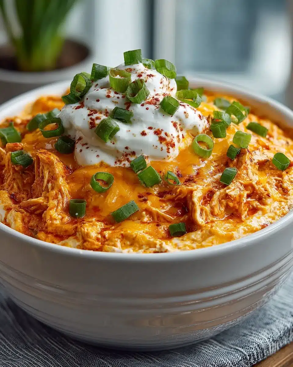 Easy Buffalo Chicken Dip recipe made in a crock pot with chicken and cheese.
