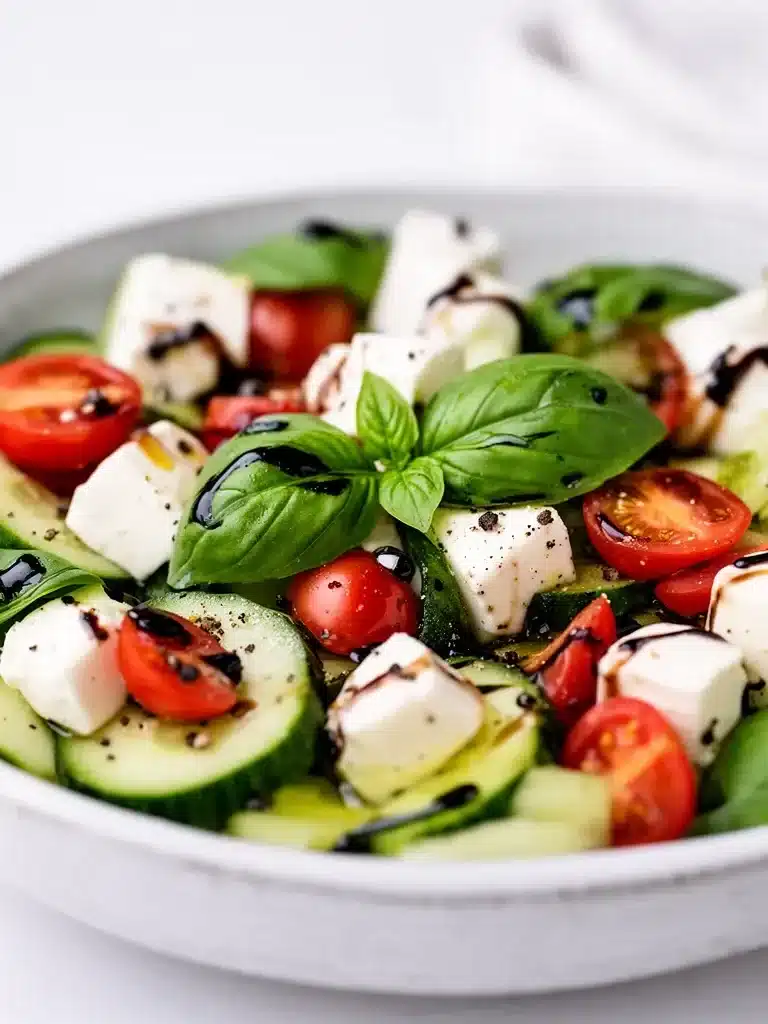 Delicious Cucumber Caprese Salad with mozzarella and basil on a plate