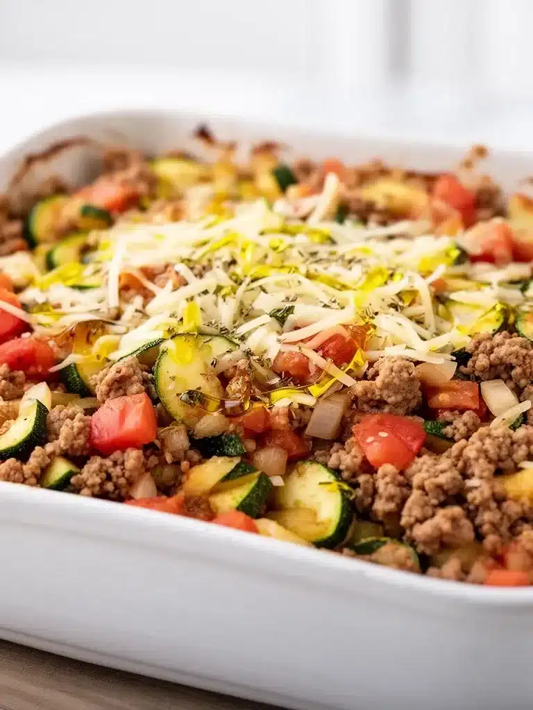 Easy and healthy ground turkey zucchini casserole dish served warm.