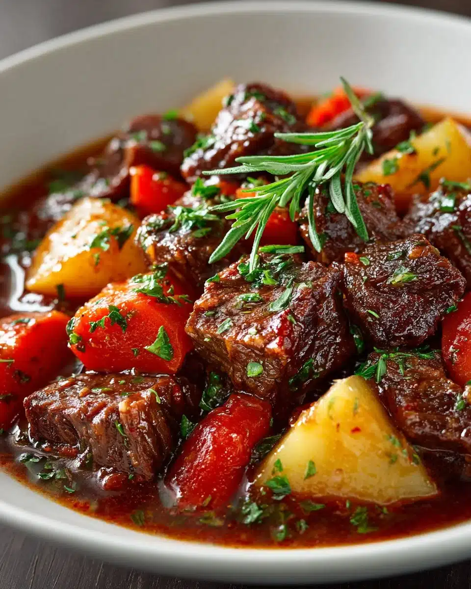 Bowl of Easy Pioneer Woman's Crockpot Beef Stew with vegetables and herbs