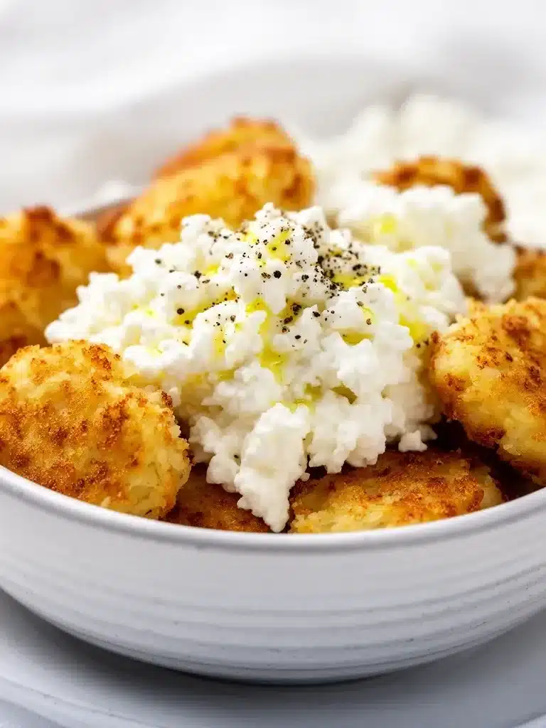 Easy two ingredient cottage cheese tots on a plate, garnished with herbs.