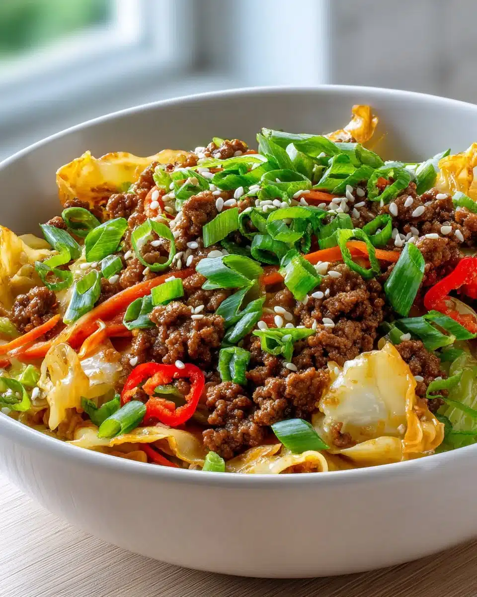 Bowl of Egg Roll ingredients including cabbage, carrots, and pork, garnished with green onions