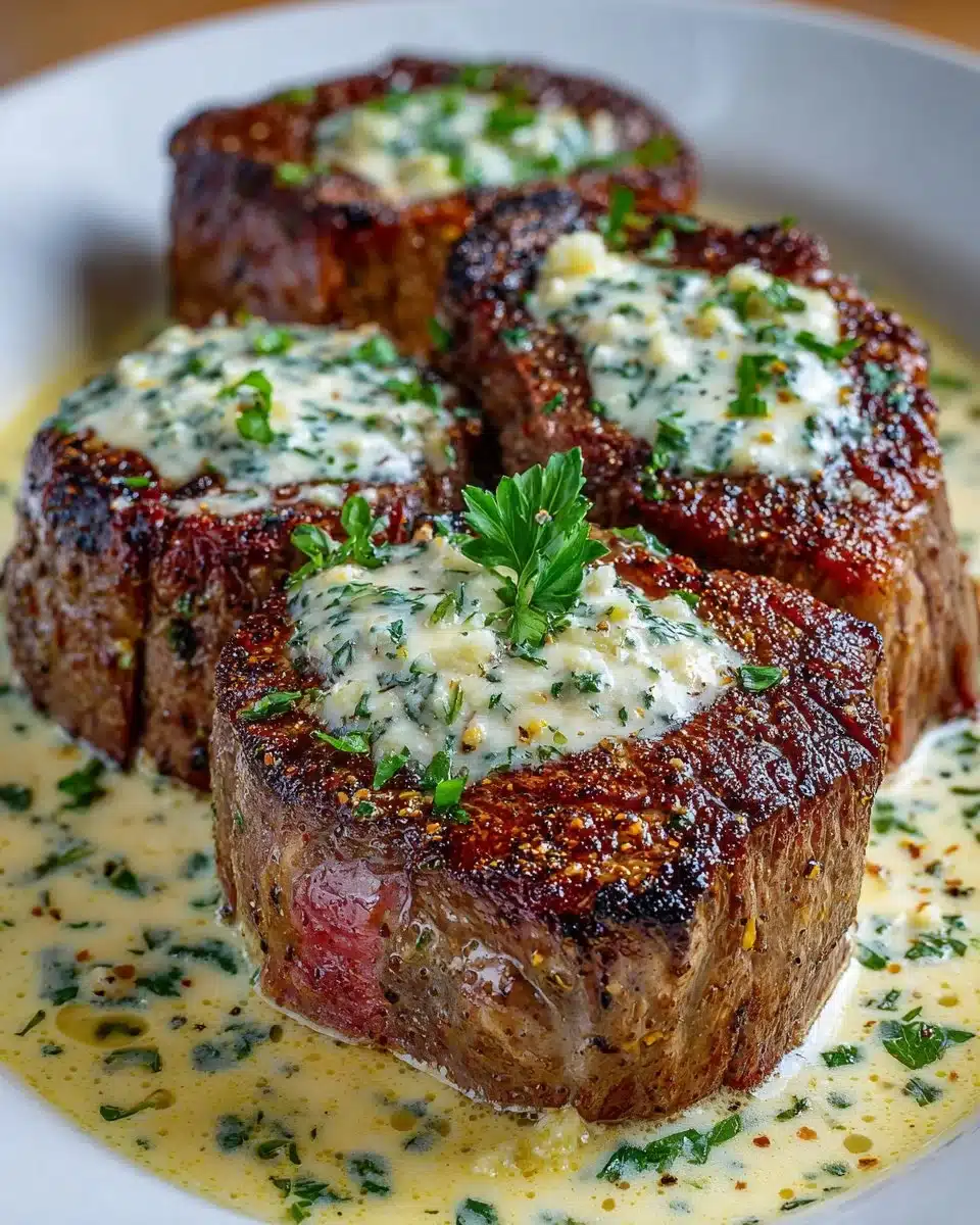 Succulent garlic butter steak topped with rich parmesan cream sauce
