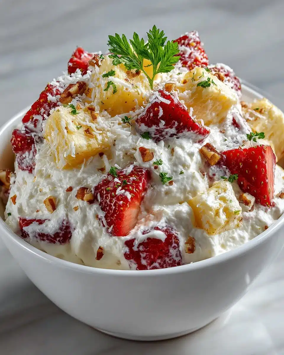 Delicious Hawaiian Cheesecake Salad with tropical fruits and creamy cheesecake topping.