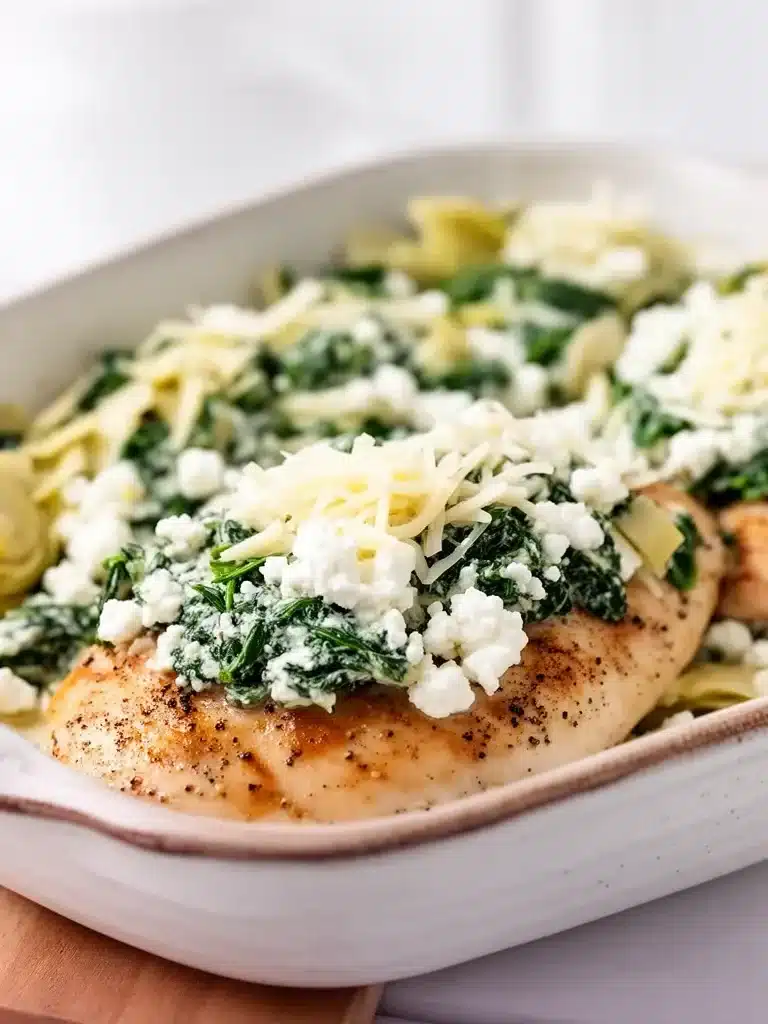 Healthy spinach artichoke chicken with cottage cheese served on a plate.