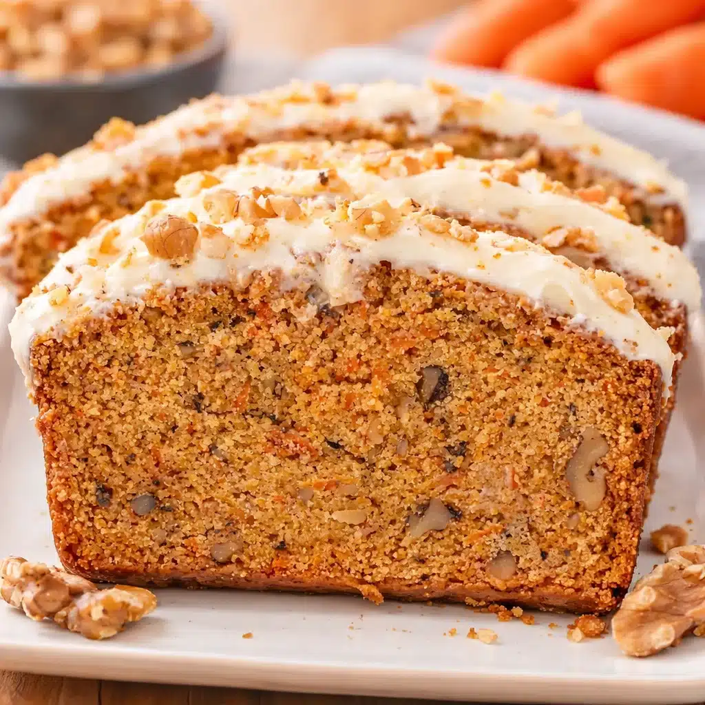 Moist and flavorful Carrot Cake Bread topped with cream cheese frosting.
