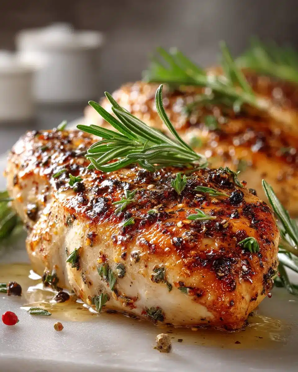 Juicy oven baked chicken breast served with herbs and spices