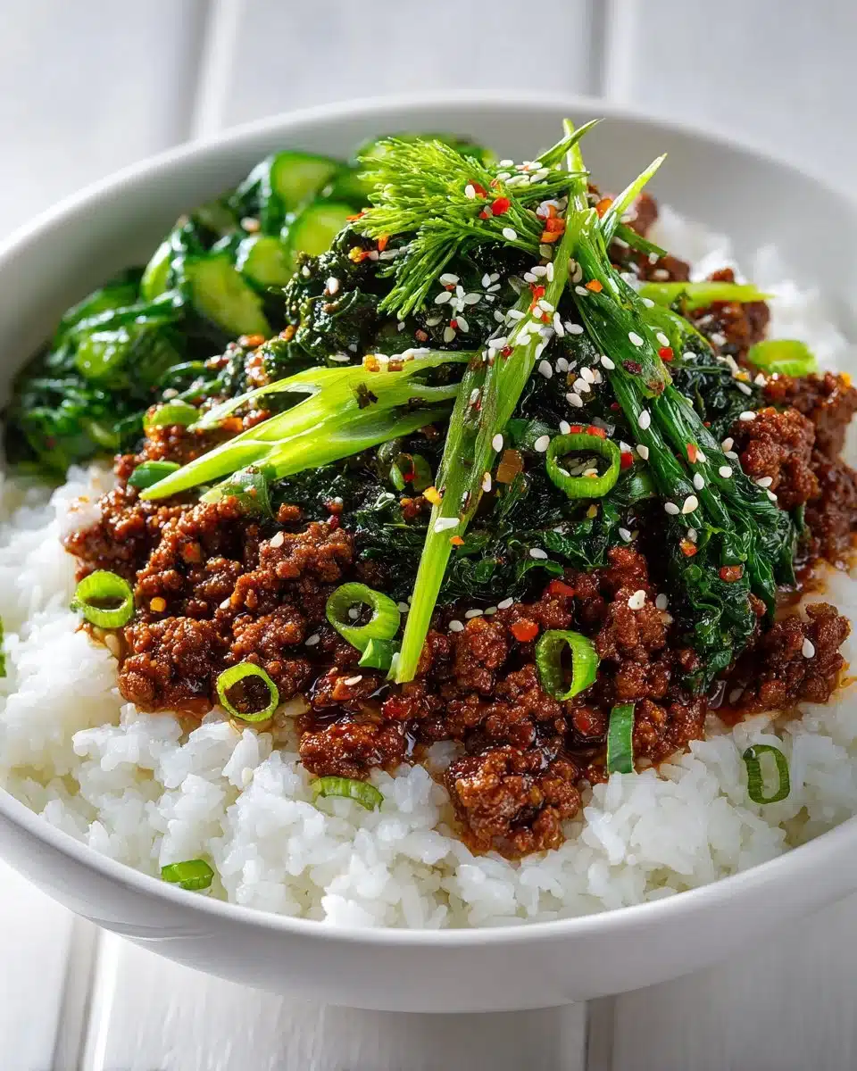 Delicious Korean Ground Beef Bowl topped with green onions and sesame seeds.