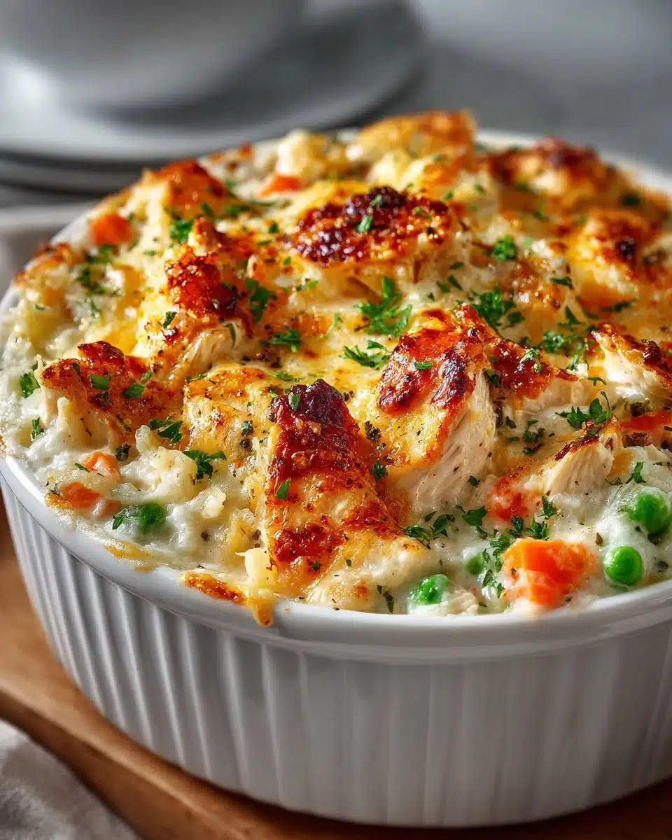 Lazy Day Creamy Chicken and Rice Casserole baked in a dish