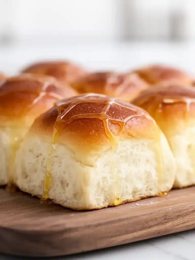Freshly baked Lion House Rolls served on a wooden table.
