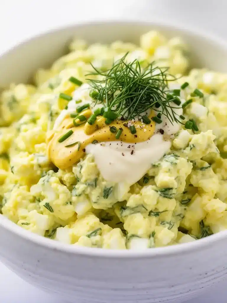 Delicious egg salad served in a bowl, garnished with herbs.