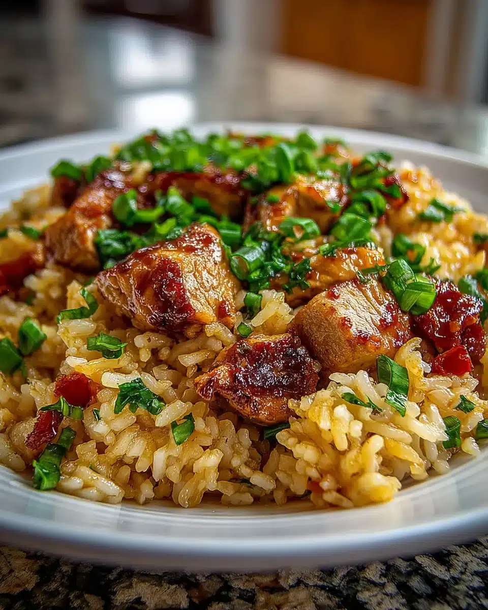 Delicious One-Pan Honey BBQ Chicken Rice served in a bowl, ready to eat.