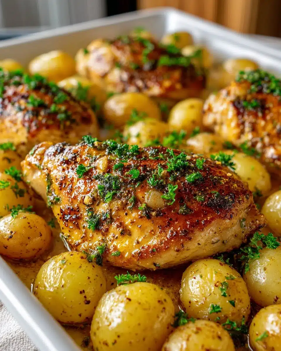 One Pan Garlic Butter Chicken with roasted potatoes