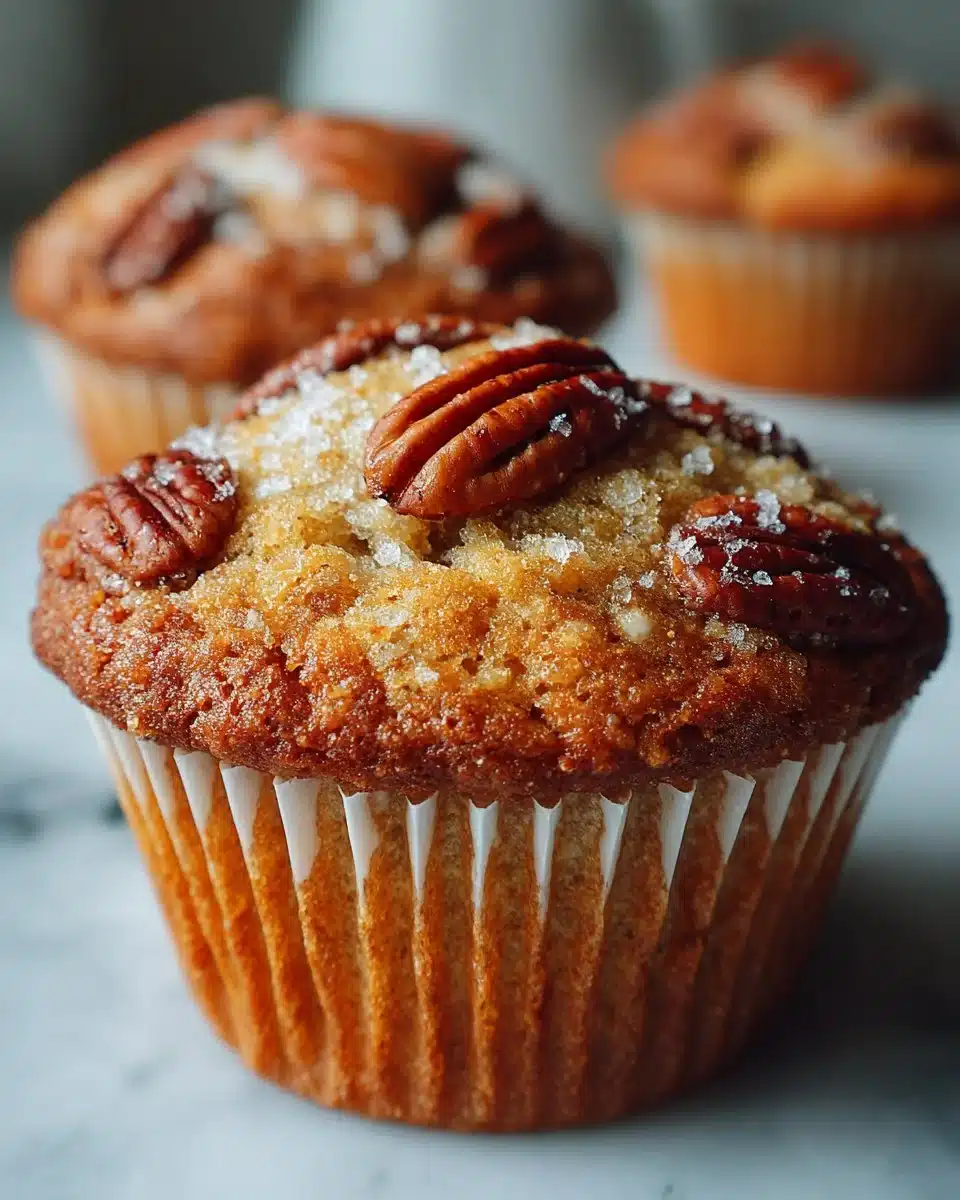 Delicious pecan pie brown sugar muffins with pecans on top