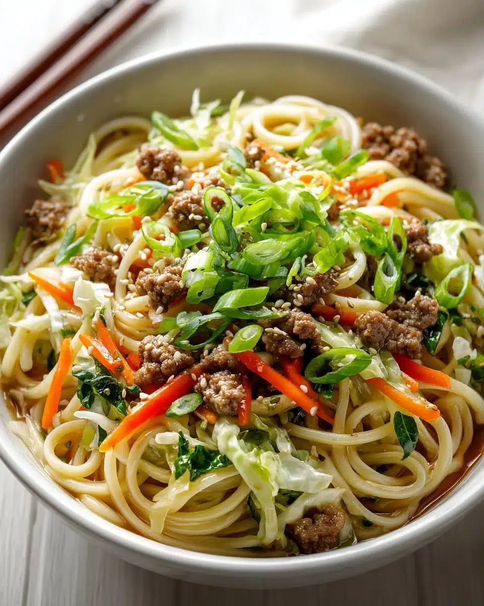 Delicious potsticker noodle bowl featuring savory noodles and potstickers