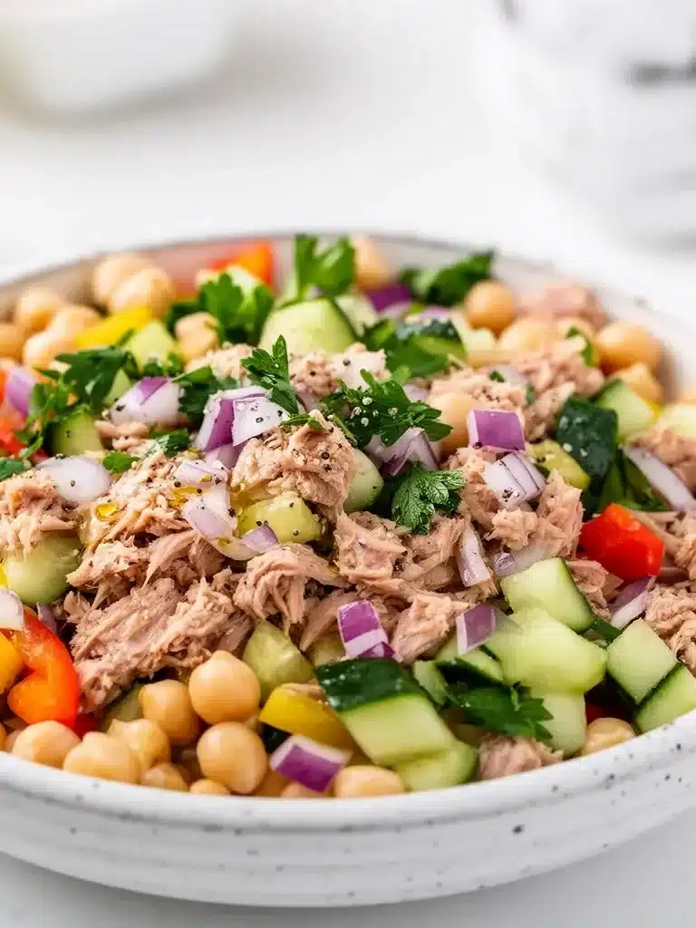 Protein-packed tuna garbanzo bean salad in a bowl with fresh vegetables