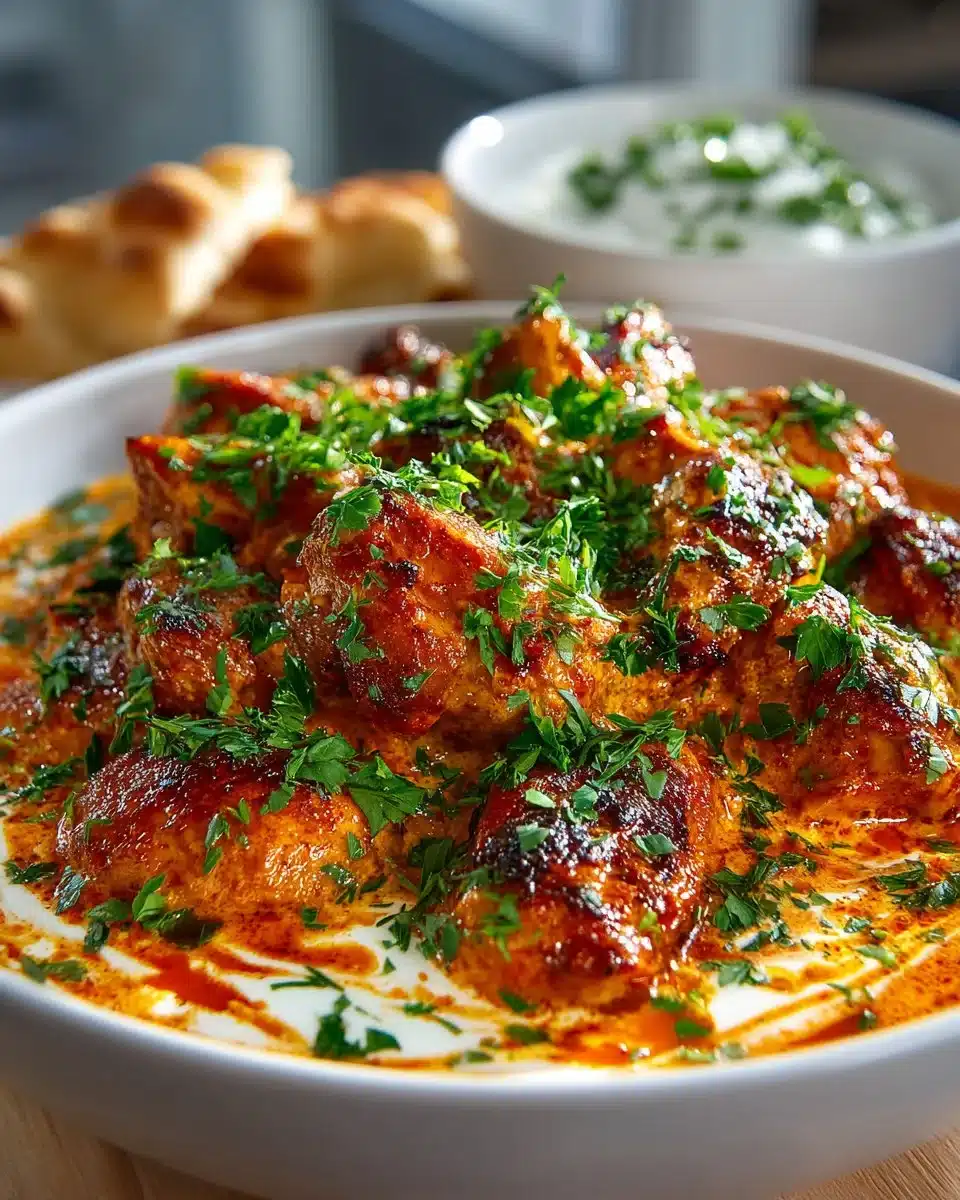 Delicious homemade butter chicken served with rice and garnished with cilantro.