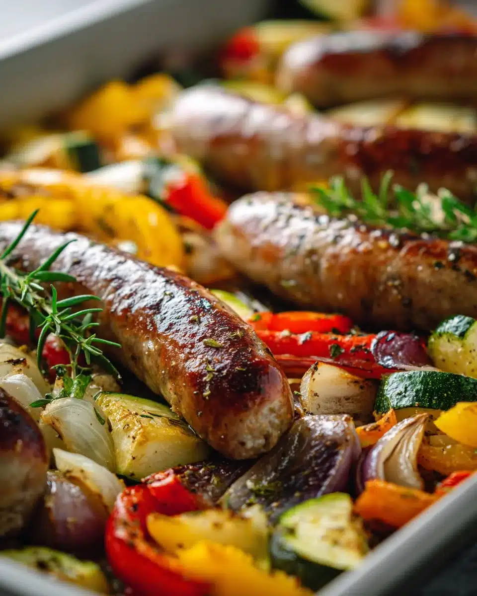 Sheet pan sausage and veggies ready to serve, vibrant and flavorful dish.