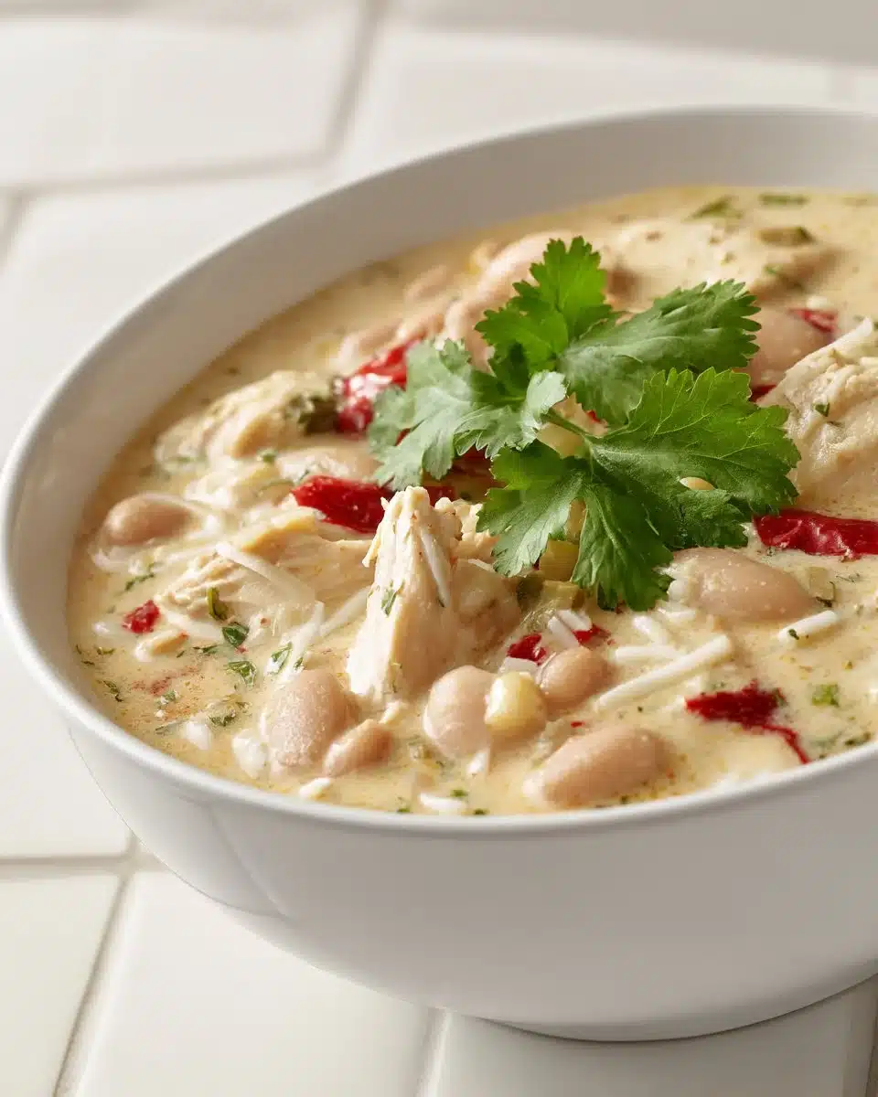 Bowl of slow cooker creamy white chicken chili topped with cilantro and cheese