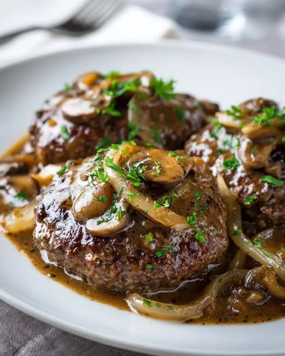 Smothered hamburger steaks with onion gravy served on a plate